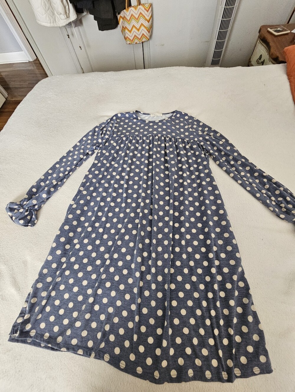 Perfect Made In Mexico Large Blue White Polka Dot Dress Euc Long Sleeve Pockets